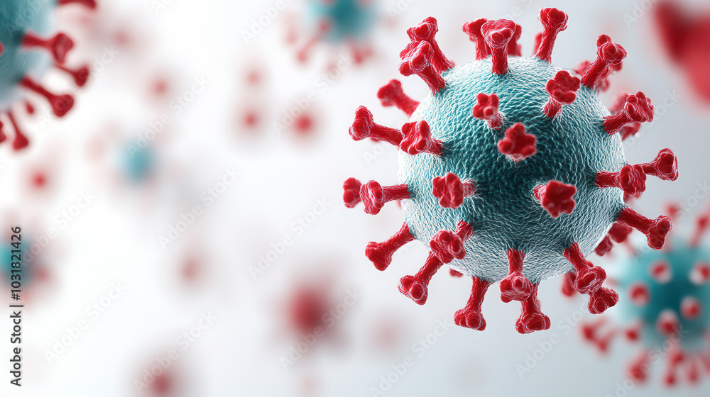 Poster image depicts detailed view of virus particle, showcasing its structure and features. vibrant colors