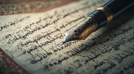 Elegant Fountain Pen Resting on Ancient Manuscript