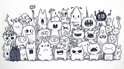 Cartoon Character Doodle Art featuring a variety of expressive creatures and whimsical designs in a playful neopop style on a clean background