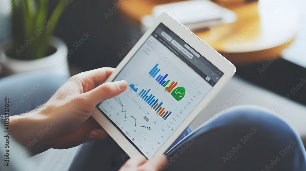 Poster marketer evaluating social media performance on a tablet, focused analytics, digital strategy insigh