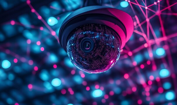 Surveillance camera transformed into a digital eye overseeing a network of interconnected devices, representing the monitoring and detection of cyber, Generative AI