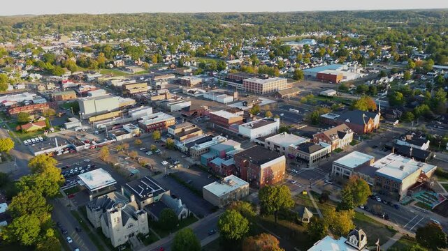 Coshocton Ohio aerial drone footage of small Ohio downtown and surrounding neighborhood