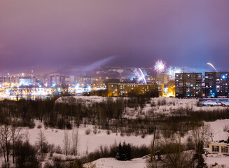 New Year's fireworks, view from the balcony, in Nizhny Tagil (Urals), January 1, 2024.