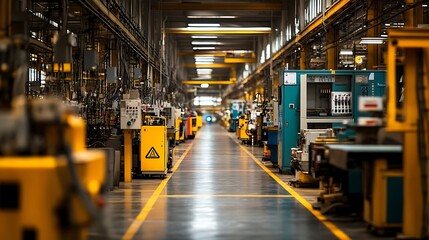 A large factory floor with electrical safety signs, control panels, and insulated wiring systems. 