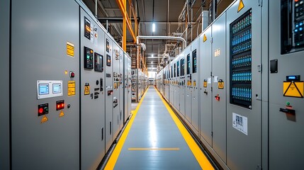 A large factory floor with electrical safety signs, control panels, and insulated wiring systems. 
