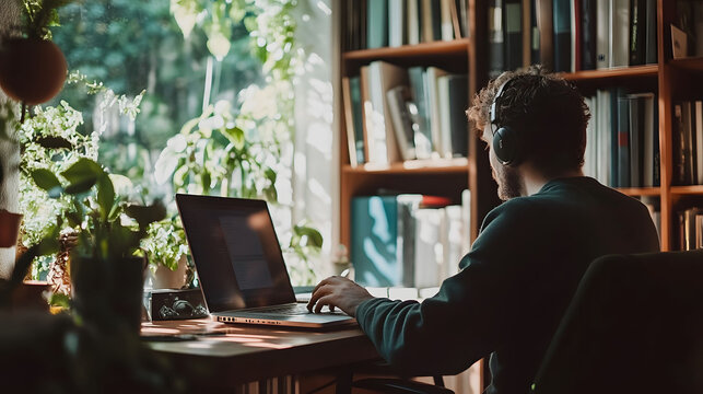 Home office productivity, individual engaged with laptop, tidy workspace, bright atmosphere, focus on work and organization