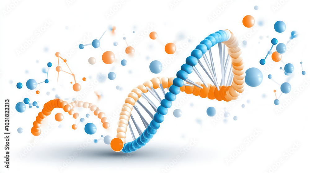 Poster dna helix twisting with colorful molecular particles, representing genetic structure and molecular b