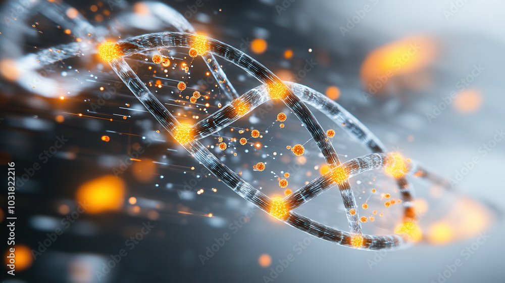 Poster intertwining dna helix with glowing viral particles, showcasing dynamic interaction in scientific co