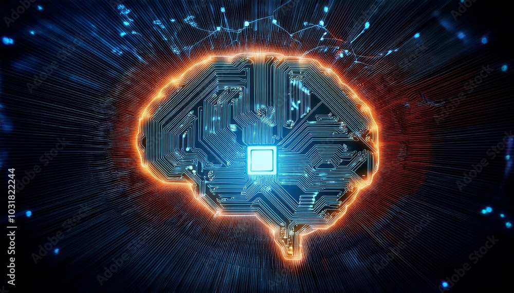 Poster intricate circuit board with illuminated brain symbol representing artificial intelligence technolog