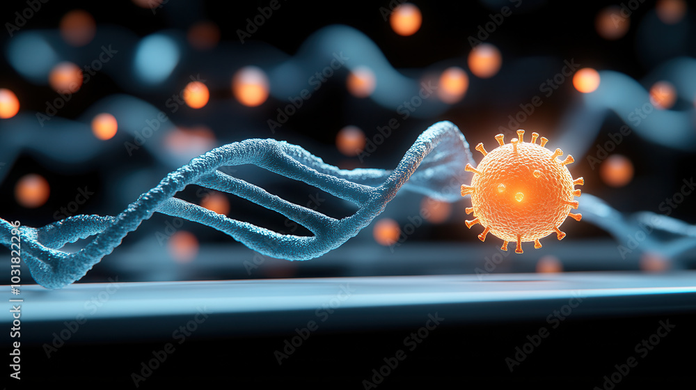 Poster dna helix wrapping around glowing virus particle, showcasing intricate relationship between genetics