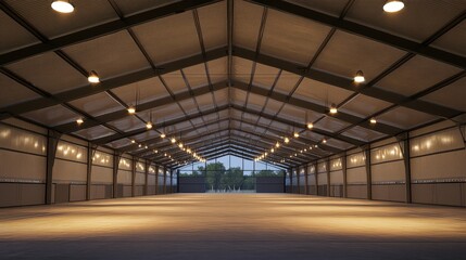Spacious Metal Building Interior: A wide shot showcasing the expansive interior of a modern metal building, illuminated by strategically placed lights, creating a clean and functional atmosphere.