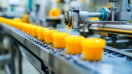 Fototapeta premium Conveyor Belt Filling Jars with Orange Liquid