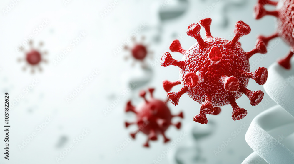 Poster image depicts red virus molecules interacting with dna strands, showcasing scientific representation