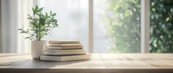Fototapeta premium Blurred empty table with books and a potted plant on a wooden surface in a modern living room