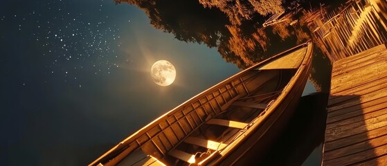  A boat floats on tranquil water, reflecting under a moonlit sky Full moon looms in the distance