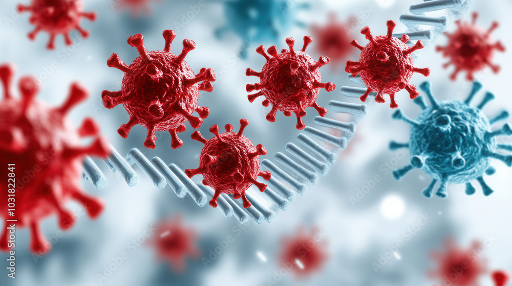 Poster dna strands merging with virus particles create striking visual of molecular interaction. this captu