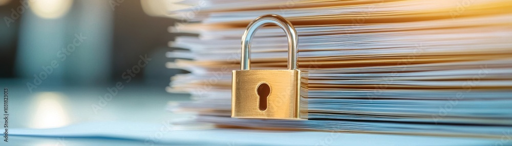 Poster padlock securing a stack of paper files, symbolizing data security and confidentiality.