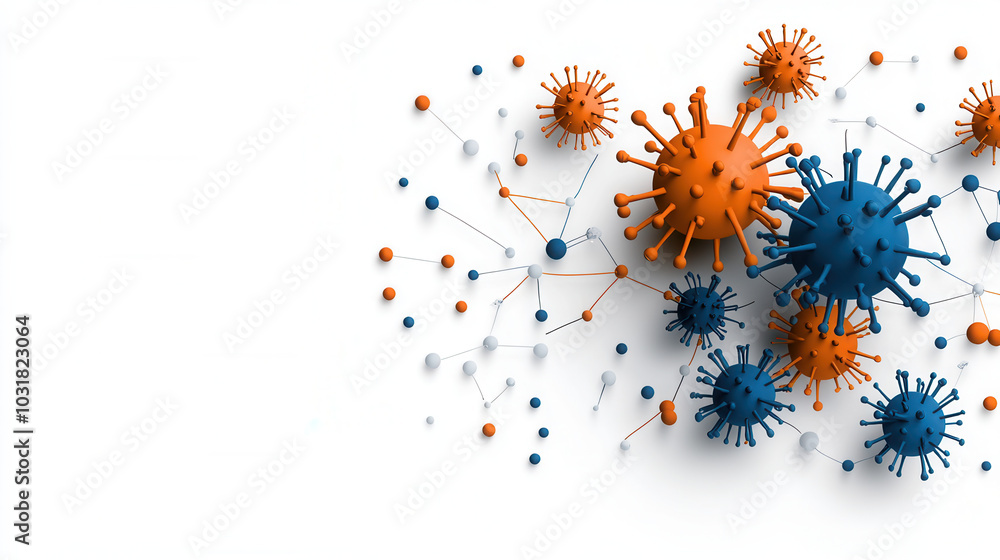 Poster futuristic schematic of virus molecules in vibrant colors, showcasing interconnected structures. thi