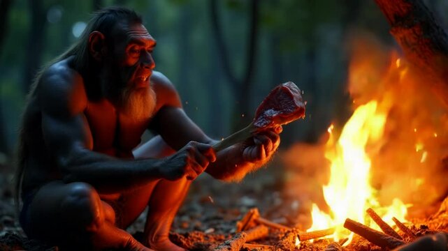 A rugged neanderthal caveman roasts meat over a campfire in a forest setting, highlighting primitive survival skills. His muscular physique and focused expression create an intense and ancient atmosph