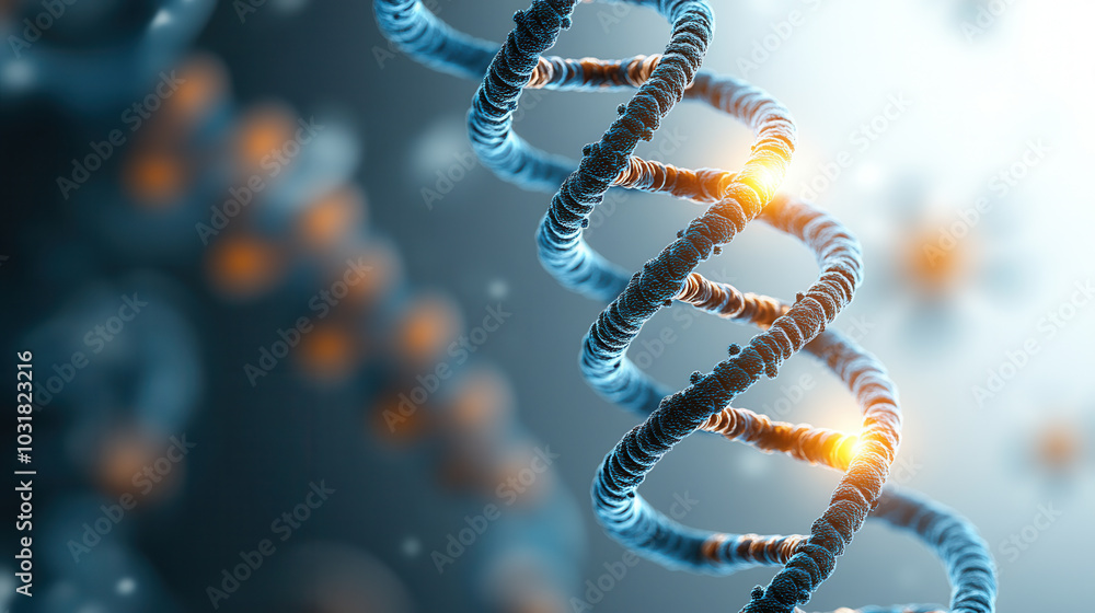 Poster futuristic view of dna structure with glowing elements, showcasing intricate details of genetic mate