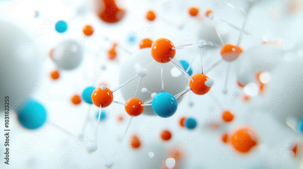 Poster molecular structures with colorful atoms in 3d space create vibrant representation of chemical inter