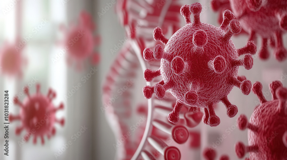 Poster high tech dna and virus particles merging in space create fascinating visual of molecular interactio
