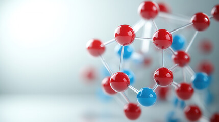 Obraz premium Molecular structure visualization featuring red and blue spheres representing atoms connected by white bonds, showcasing scientific and futuristic theme