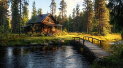 Obraz premium Cozy Cabin by the River in a Forest Setting