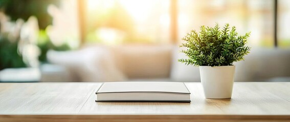 Fototapeta premium Minimalist table with a book and a plant in a vase on a blurred living room background, with space for product display presentation