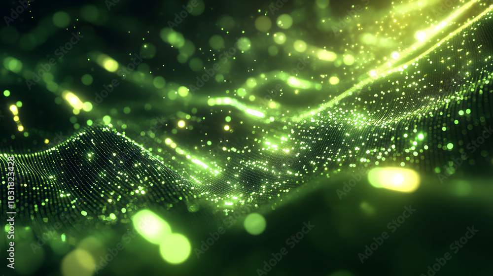 Poster dynamic green light rays intermingling with data dots, embodying the essence of cyber technology in 