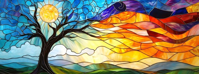 Colorful stained glass painting of an oak tree swaying in the wind, with a vibrant sunrise and a beautiful landscape