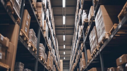 Fototapeta premium Rows of Cardboard Boxes Stacked High in a Warehouse