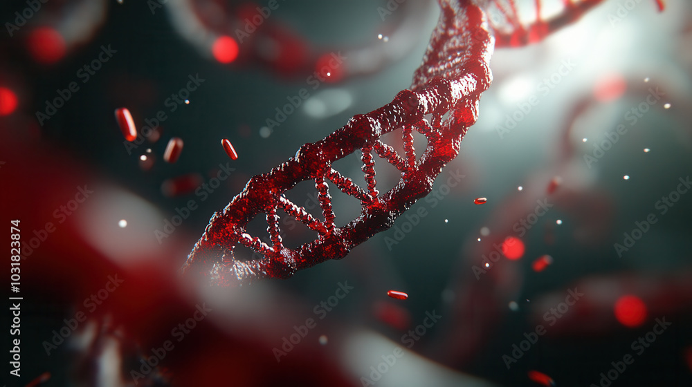 Aufkleber molecular dna structure with red virus particles merging in 3d, showcasing intricate details and vib