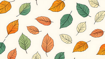 Autumn Leaves Pattern, seamless vector design featuring orange and green leaves on a light backdrop, simple line art style for seasonal elegance
