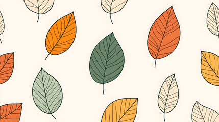 Autumn Leaves Vector Pattern, seamless design featuring orange and green leaves on a light backdrop, simple line art for elegant decor