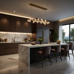 Modern kitchen with white marble island, dark wood cabinets, and a large chandelier.