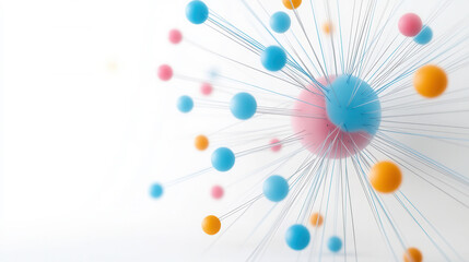 colorful representation of virus particles with blue, pink, and orange spheres connected by thin lines, illustrating interactions in scientific context