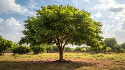 Fototapeta premium Lush Green Tree in an Open Field Under a Blue Sky