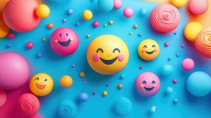 Colorful 3D smiling emoticons on a vibrant blue background, spreading joy and positivity with their cheerful expressions and playful design.