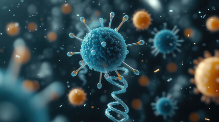 Vibrant virus cells and DNA helix float in dark, abstract space, showcasing intricate details and colors. This captures essence of microscopic life and genetic structures