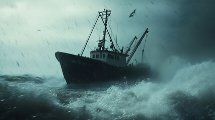 Obraz premium Stormy Seas, a fishing boat battles fierce winds and rain, evoking tension and emotional depth in a balanced, immersive composition.
