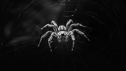 High-Contrast Black-and-White Close-Up of Spider in Center of Intricate Web