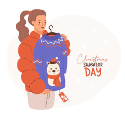 Holiday Christmas Sweater Day card. New year Shopping sale. Cute girl with funny ugly Christmas sweater with bear. Vector illustration. Festive female shopper character
