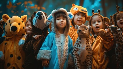 Fototapeta premium Children wrapped in blankets, dressed as stuffed animals