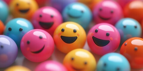 Colorful smiley face balls creating a joyful and positive atmosphere, perfect for backgrounds and designs promoting happiness and fun.