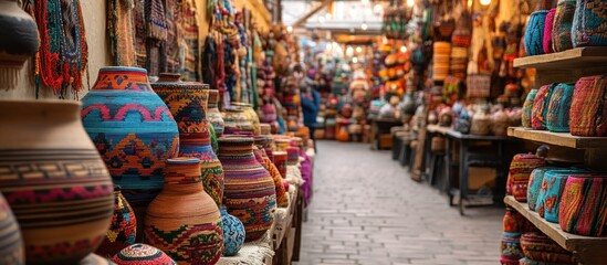 Fototapeta premium Colorful ceramic pots with traditional patterns on display at a market.