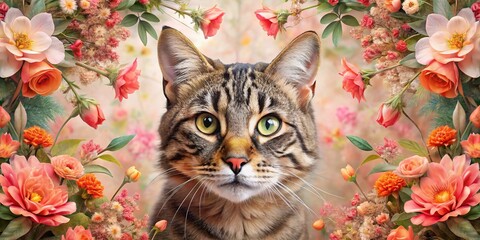 Fototapeta premium Wild Cat and Coral Flowers Collage for Wedding Design and Artwork