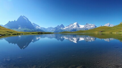 Naklejka premium Serene Mountain Lake Reflection Under Clear Blue Sky