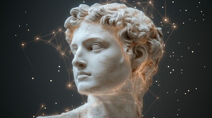 Marble statue with digital light effects and connected lines, creating a futuristic aesthetic