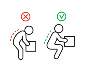 Posture of spine for lift box, ergonomic work of person, line icon. Lifting weight with correct and incorrect posture. Picking up cargo box. Vector outline illustration